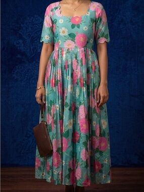 Floral Women's Casual Dress in Teal and Pink